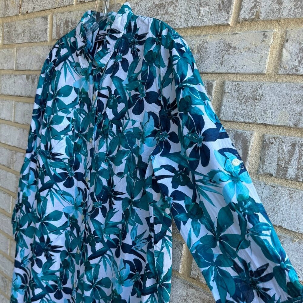 Lands' End 3/4 Sleeve Button Up Collared Tropical Floral Shirt Dress Size M - Picture 6 of 8